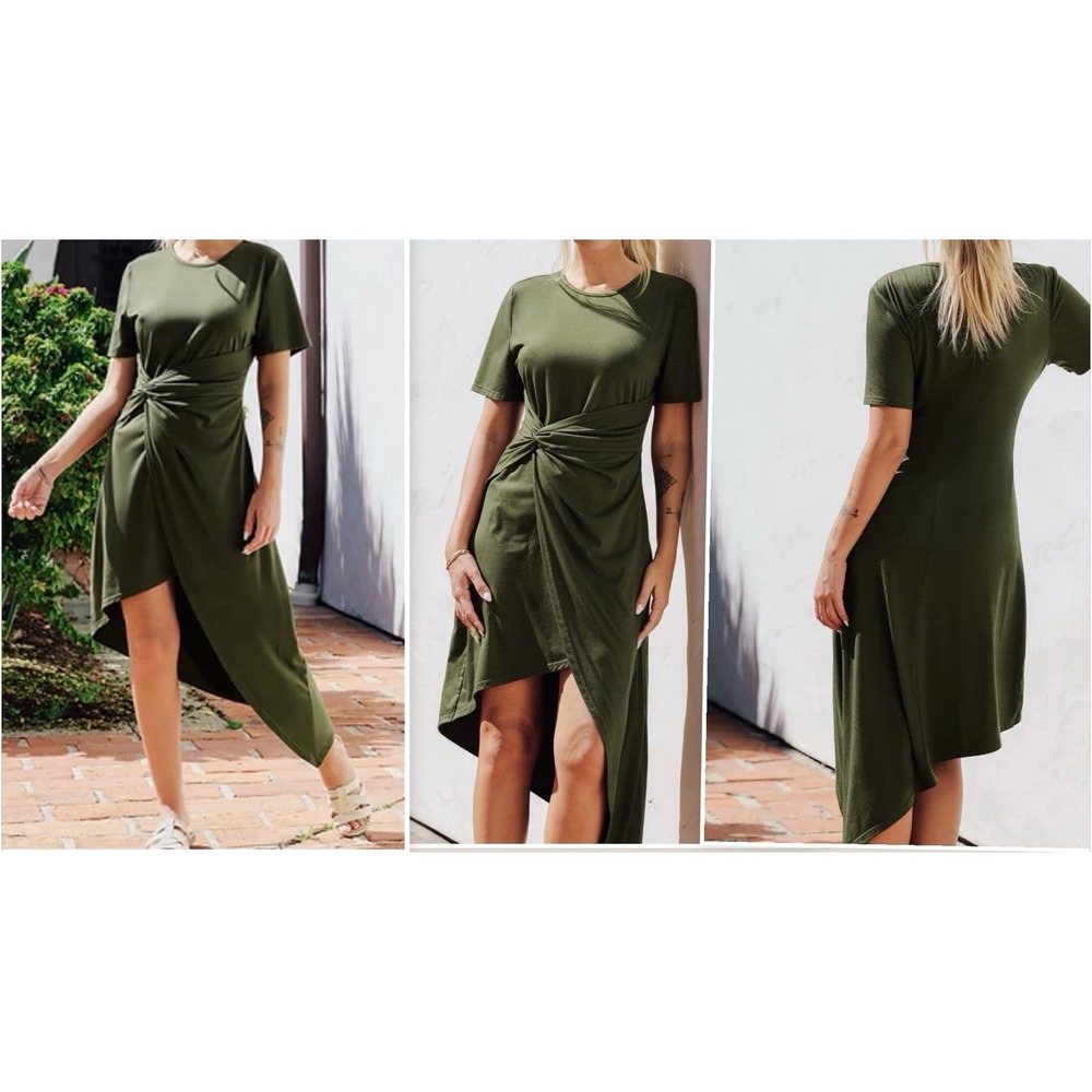 Cupshe Asymmetrical Twist Round Neck Ruching Short Sleeve Jersey Dress Sz XL‎